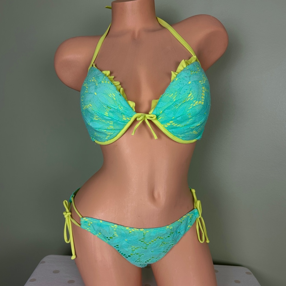 VICTORIA’S SECRET NEON GREEN BLUE LACE Y2K PUSH-UP BIKINI SWIM SET 36D LARGE Y2K